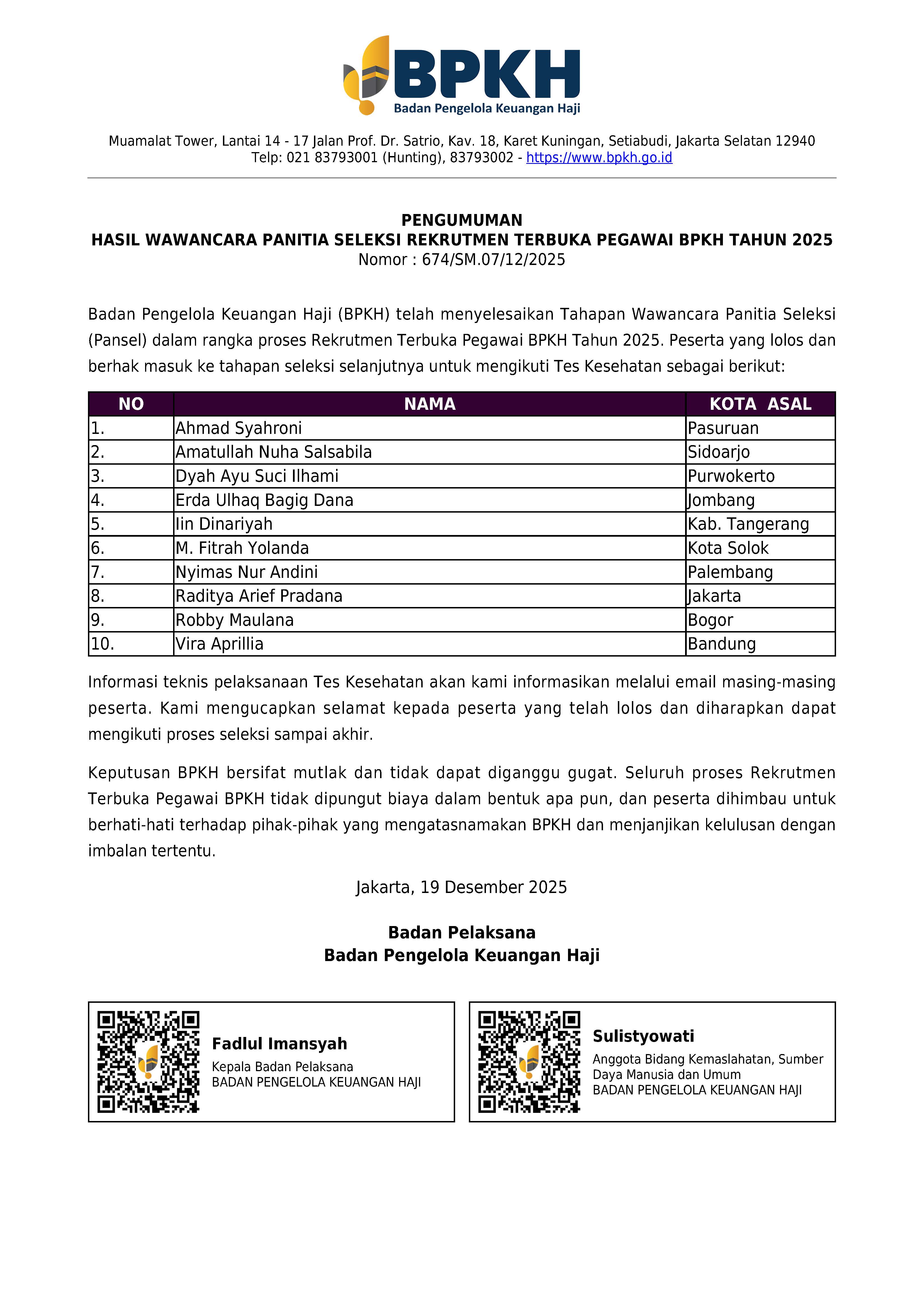 Karir - Pengumuman Hasil Pansel 2025